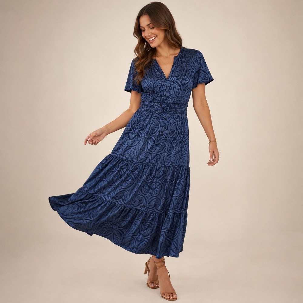 Navy Blue Burnout Velvet Damask Tiered Maxi Dress M Smocked Waist Celestial Boho